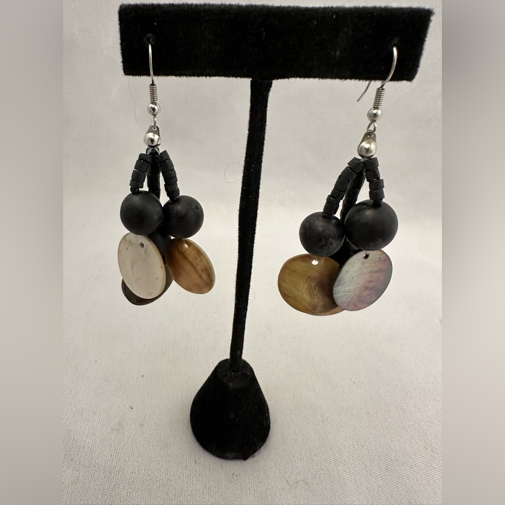 Mother of pearl and black wooden bead dangle hook earrings